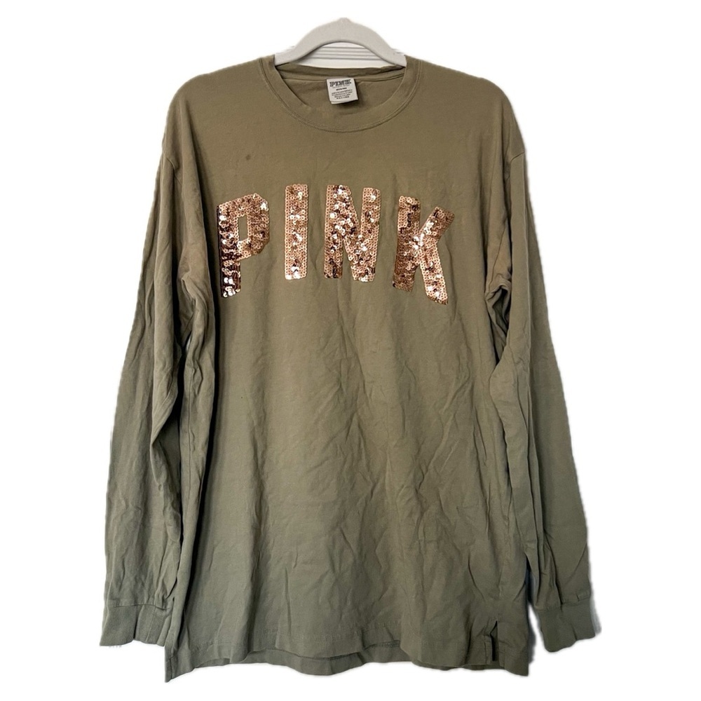 Victoria’s Secret PINK Green Sequins Bling Logo Long Sleeve Tee, Size M